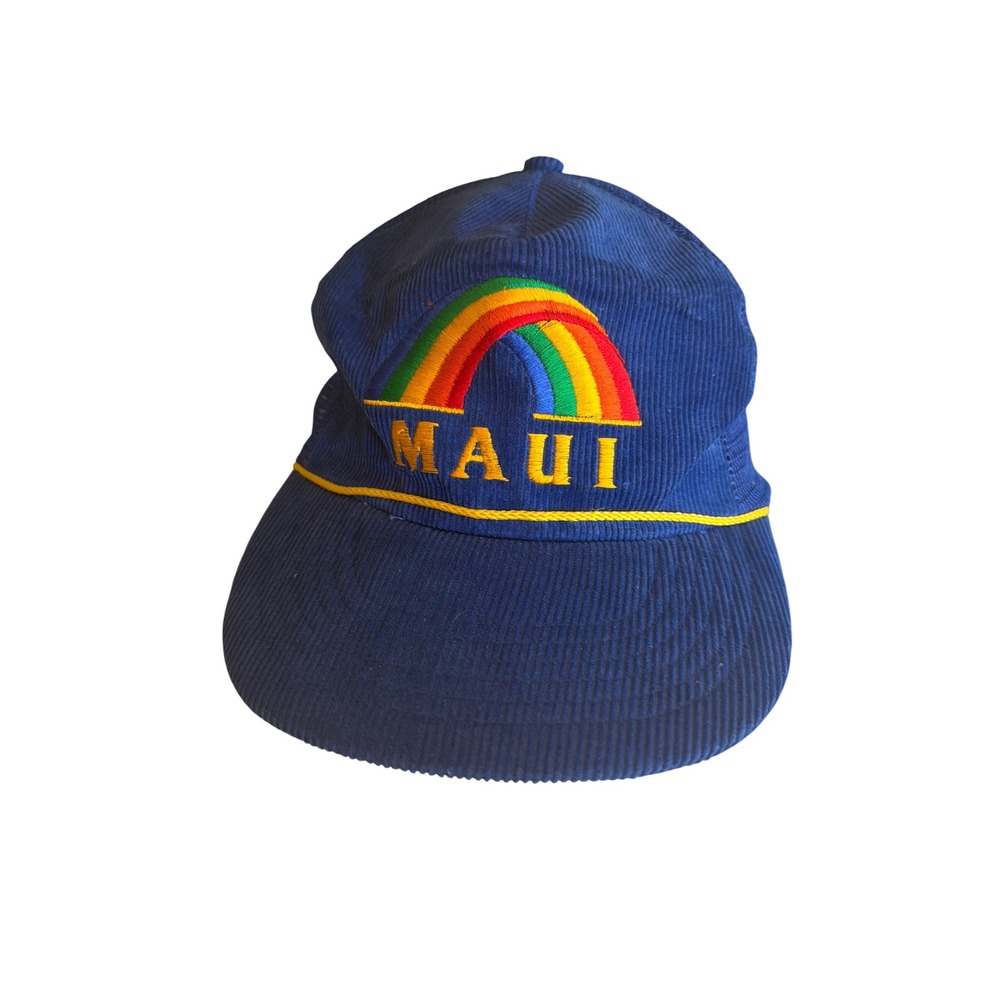 Hawaiian Headwear Trucker Hat Blue Maui Rainbow Corduroy Snapback Mesh Vtg Style